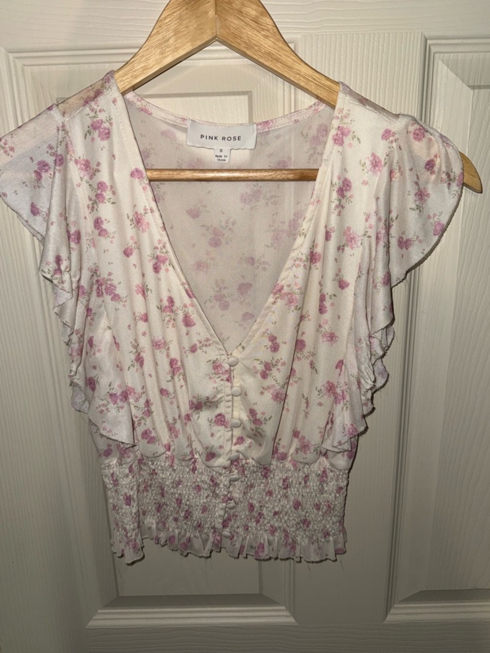 Pink Rose White & Pink Floral Smocked Crop Top